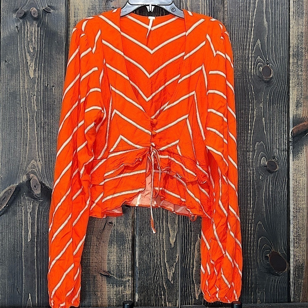FP Free People Orange Samifran Top S Chevron Ruffle Cropped Boho‎ Chic Festival